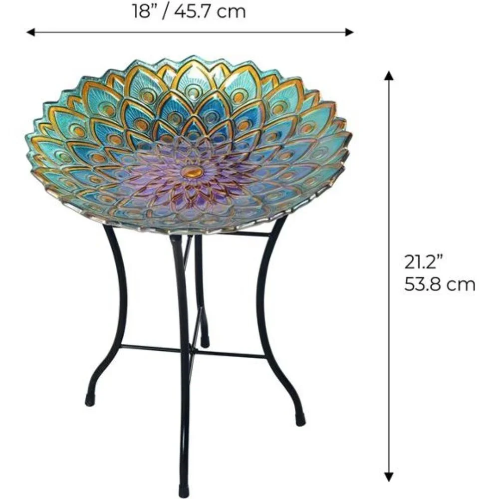 Handpainted Mosaic FlowerFusion Glass Pedestal BirdBath for Outdoor Patio Garden